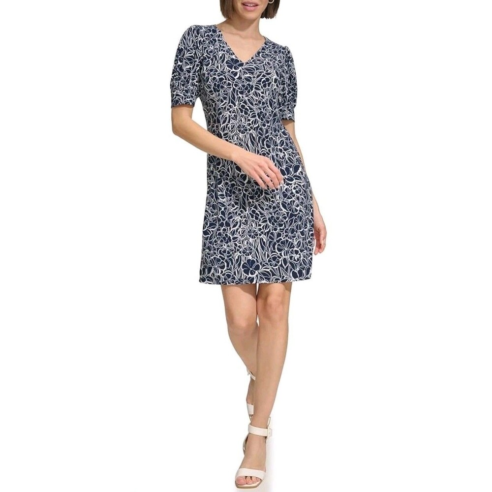 Tommy Hilfiger Womens Sz M Blue Floral Puff Sleeve Beach Blossom Dress Stretch